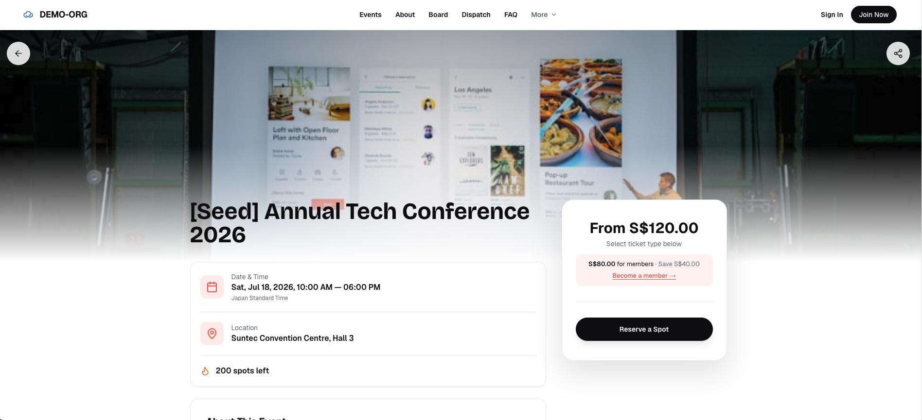 Memberlytic event registration page for an annual conference showing member pricing, capacity, and a reserve button