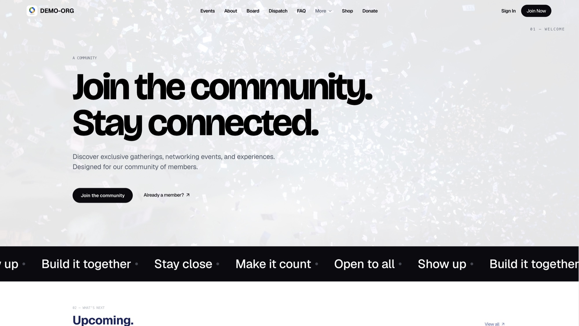 Alternative membership website template with an events and community layout